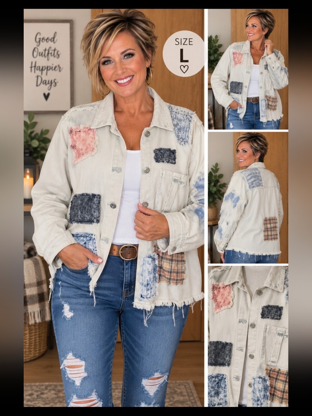 POL Washed Patchwork Button-Front Jacket - Cream